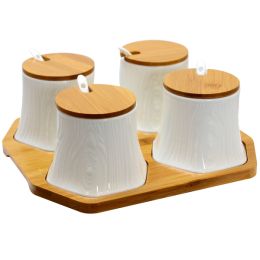 Elama Ceramic Spice, Jam and Salsa Jars with Bamboo Lids &amp; Serving Spoons (Material: Ceramic, Color: White)
